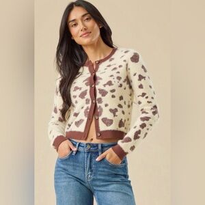 Altar'd State Cream and Brown Leopard Fuzzy Cropped Cardigan